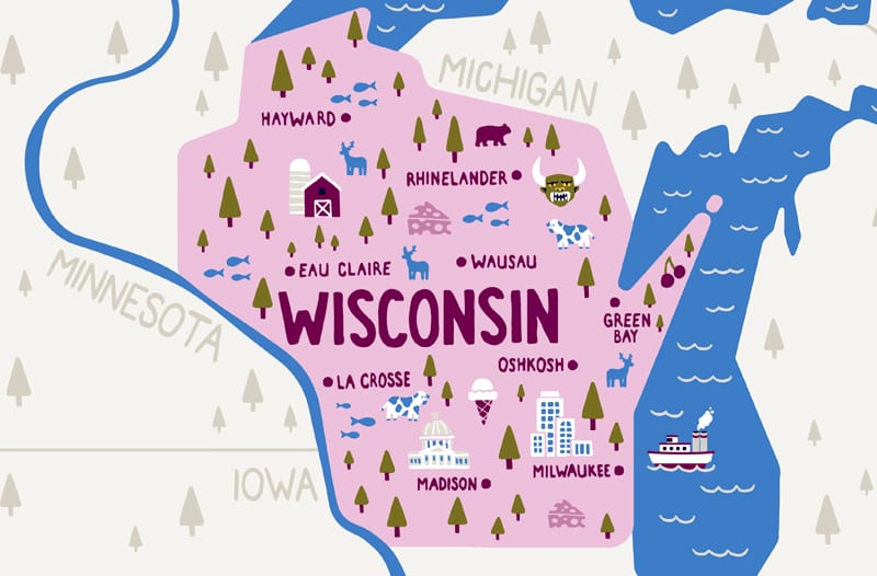 Colorful illustration of Wisconsin map featuring cities like Rhinelander and Madison, with icons representing local landmarks and wildlife