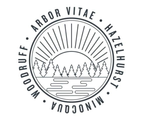 Line art logo showing a sunrise over pine trees and water, surrounded by the names Arbor Vitae, Hazelhurst, Minocqua, and Woodruff