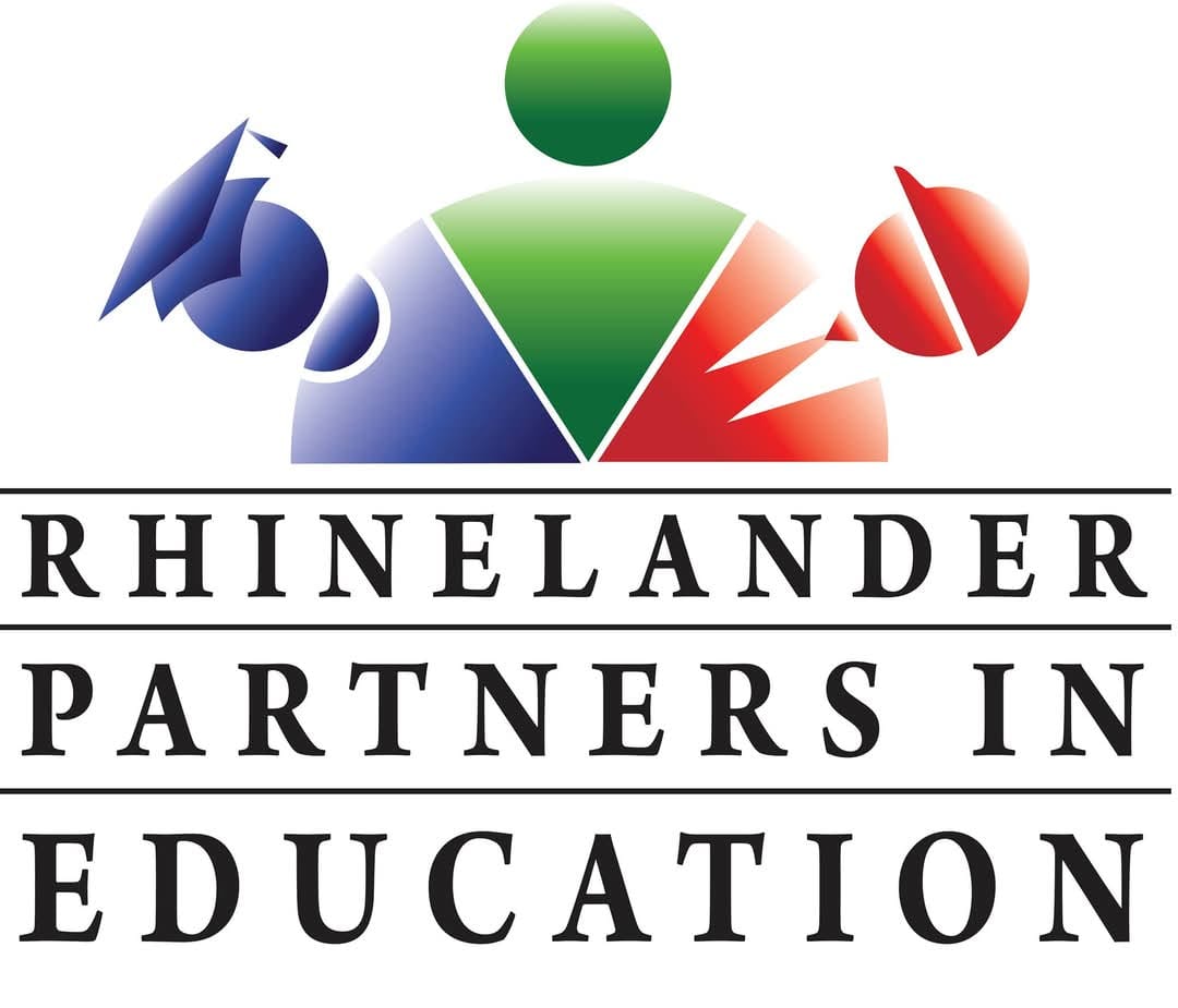 Logo of Rhinelander Partners in Education with abstract shapes and educational symbols