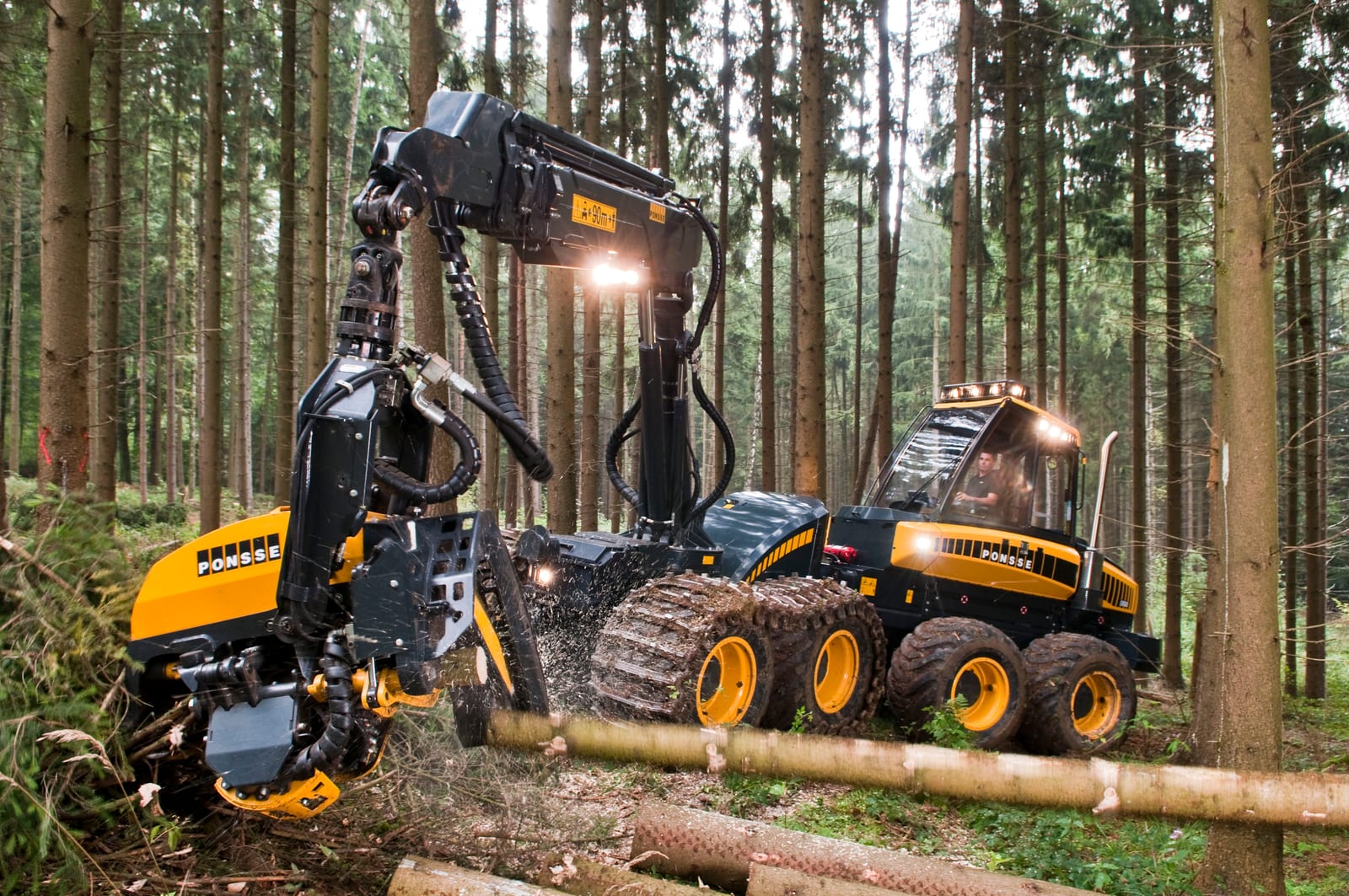 A robust forestry machine processing logs within a thick forest setting