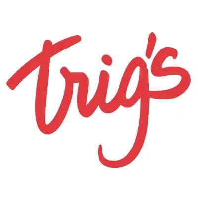 Logo of Trig's grocery store in red font on a white background