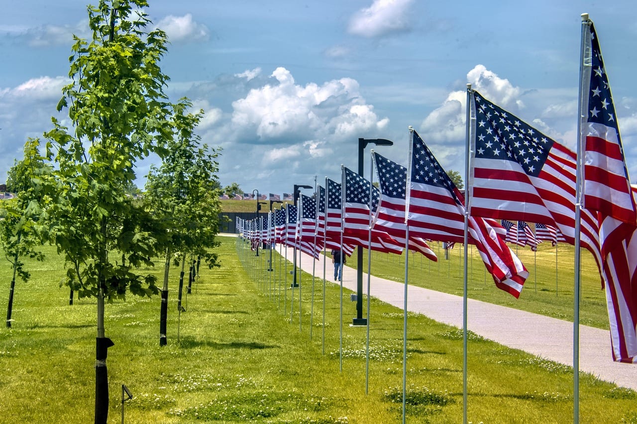 A row of American flags lining a walkway in a park under a blue sky, symbolizing patriotism and honoring veterans.